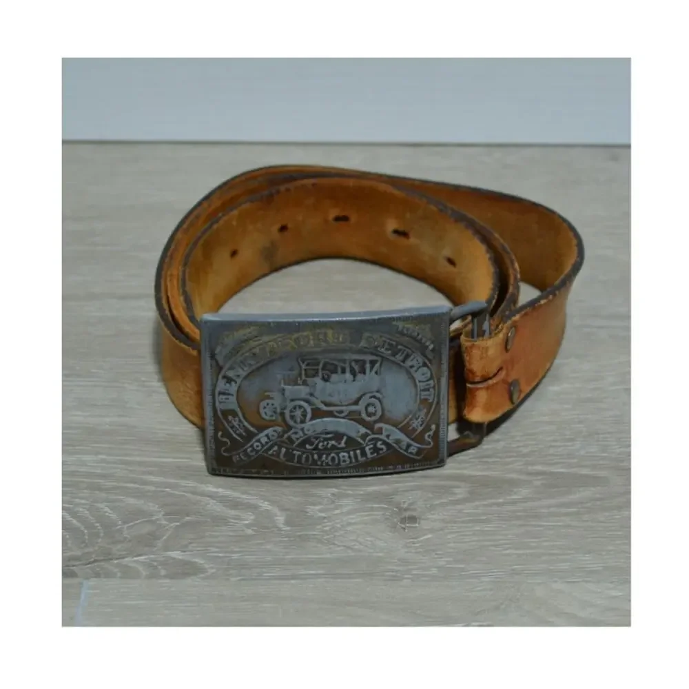 Henry Ford Vintage Brass Model T Belt Buckle with Embossed Leather Belt